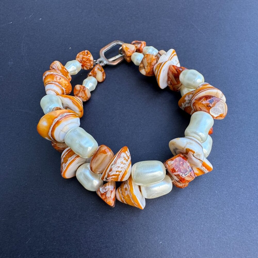 Boho Fall Fashion Bracelet Faux Pearls and Shells 2 Strands Toggle Clasp
